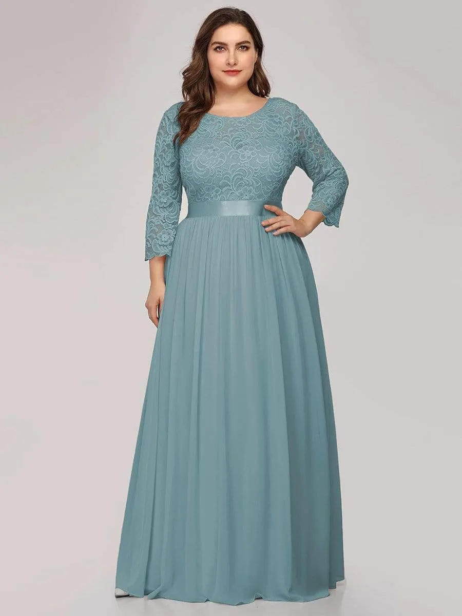 See-Through Floor Length Lace Chiffon Evening Dress with Half Sleeve