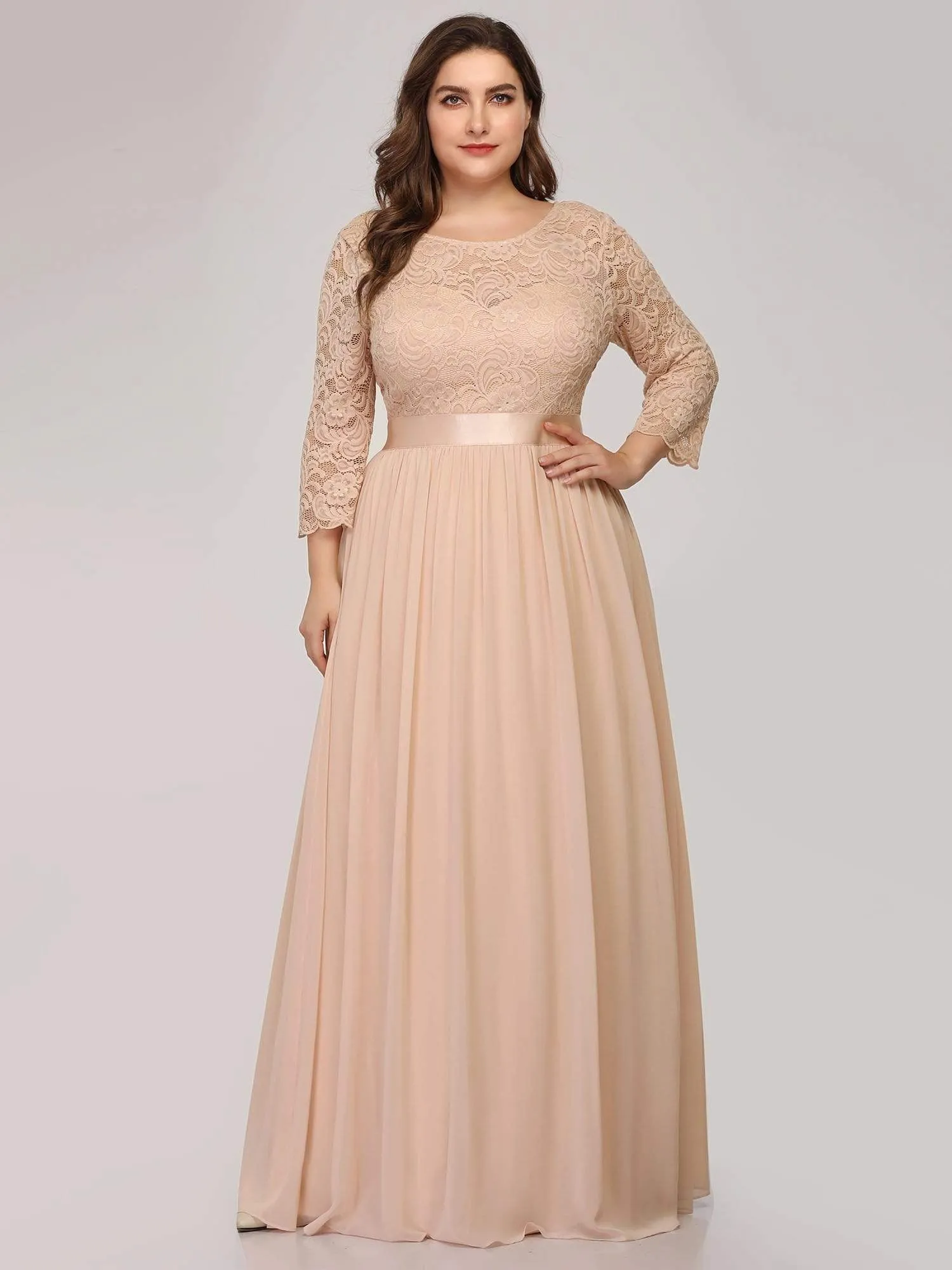 See-Through Floor Length Lace Chiffon Evening Dress with Half Sleeve