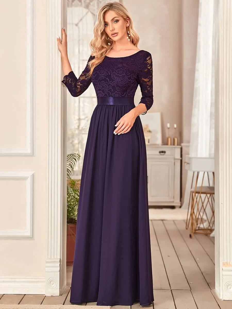 See-Through Floor Length Lace Chiffon Evening Dress with Half Sleeve