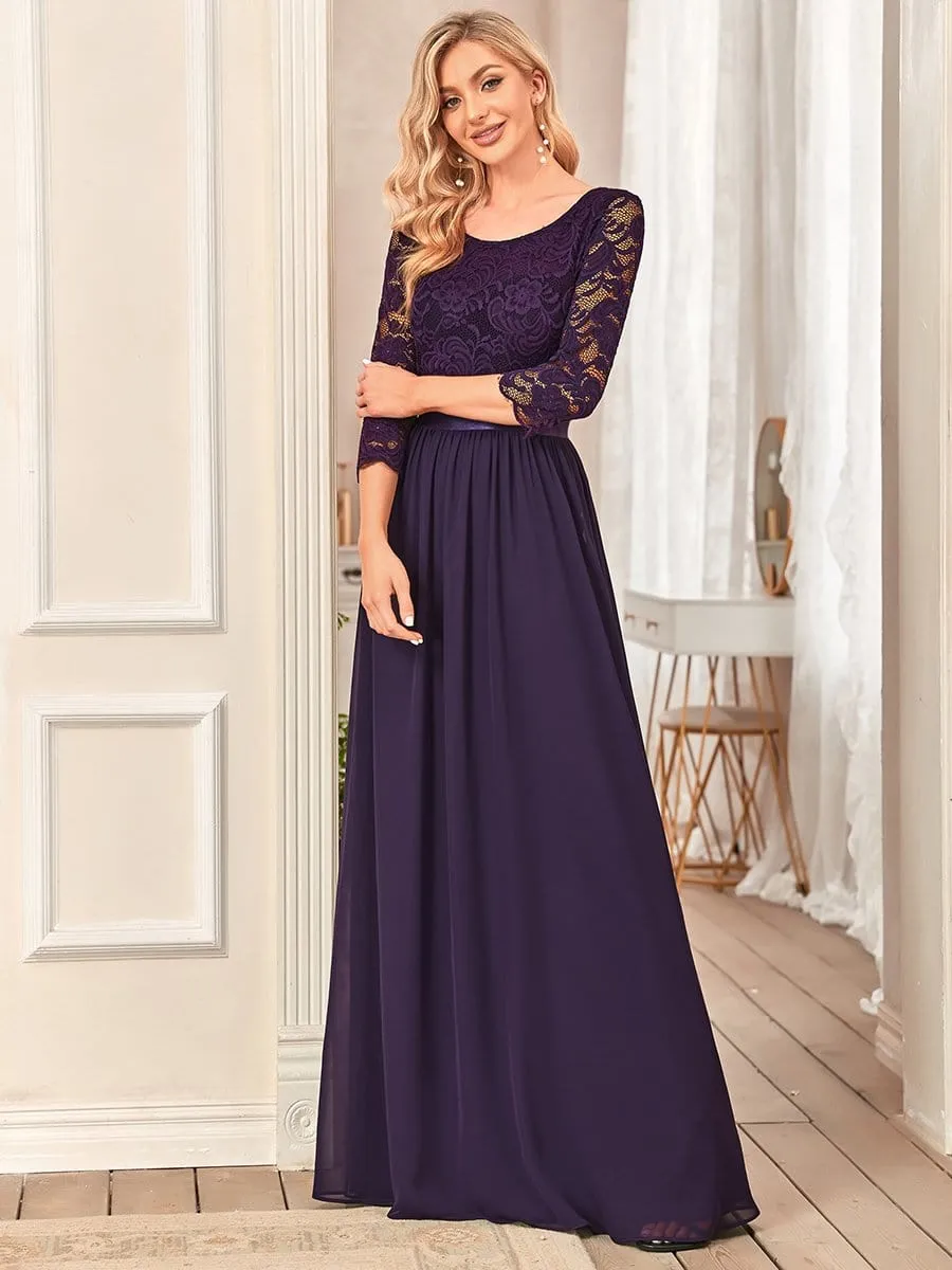 See-Through Floor Length Lace Chiffon Evening Dress with Half Sleeve