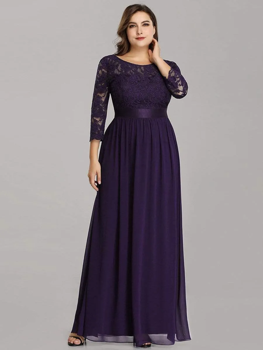 See-Through Floor Length Lace Chiffon Evening Dress with Half Sleeve