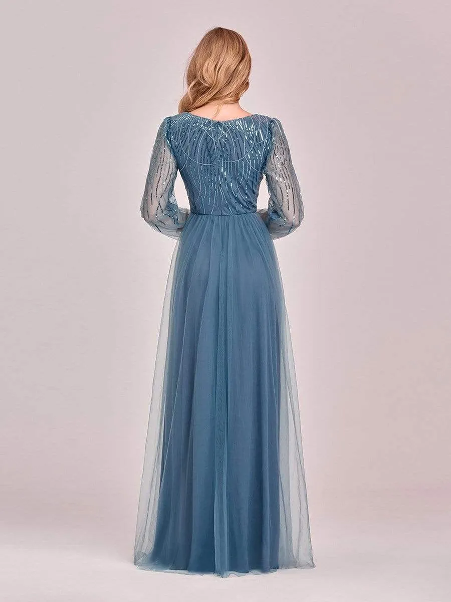 Sequin Bodice Sheer Long Sleeves Maxi Evening Dress