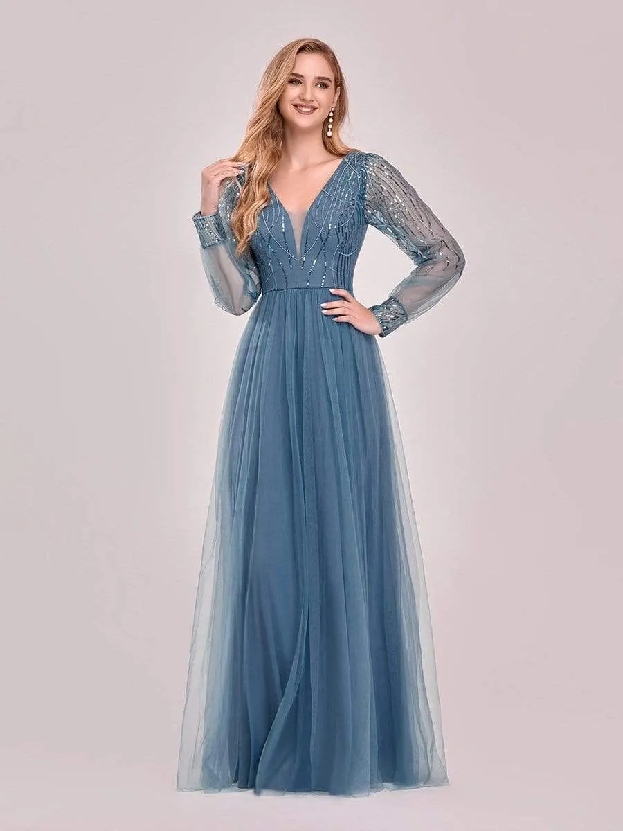 Sequin Bodice Sheer Long Sleeves Maxi Evening Dress