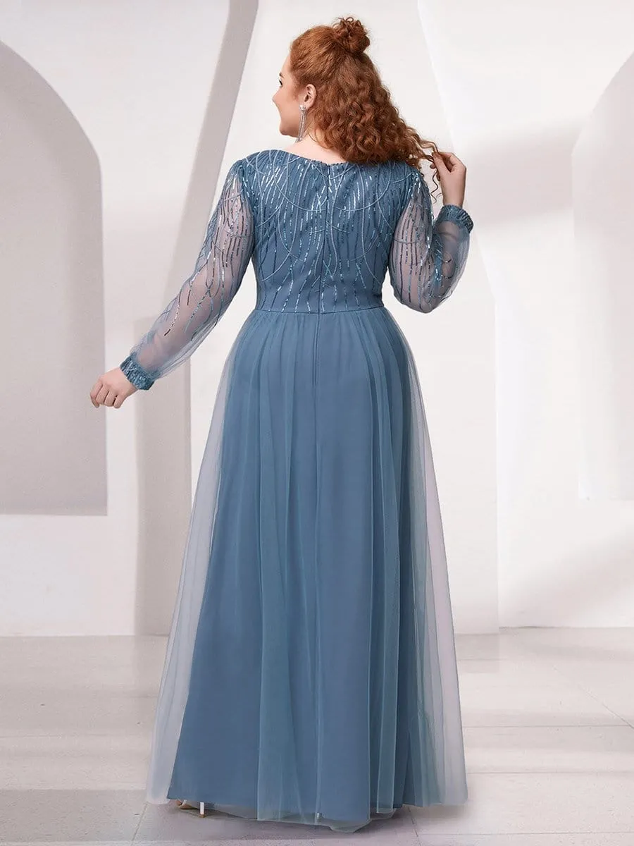 Sequin Bodice Sheer Long Sleeves Maxi Evening Dress