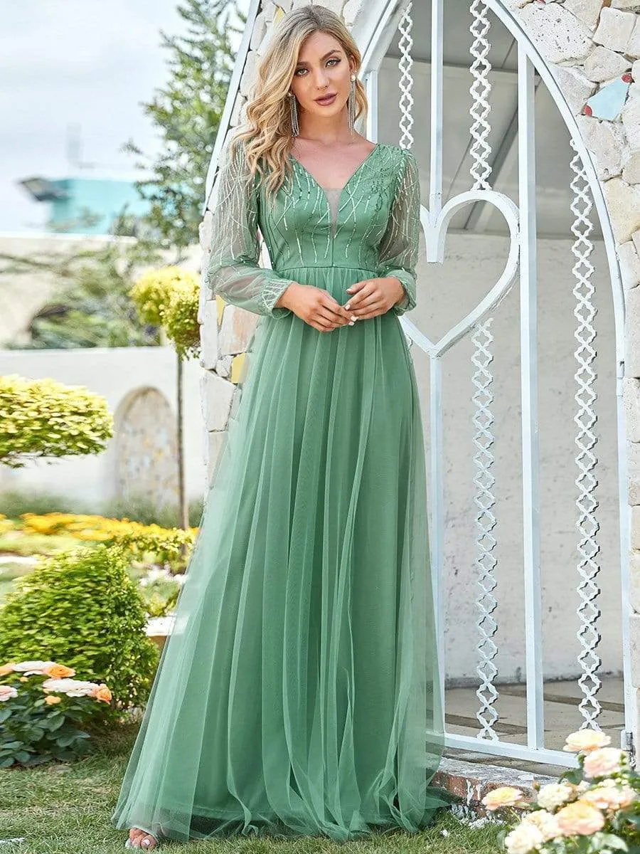 Sequin Bodice Sheer Long Sleeves Maxi Evening Dress