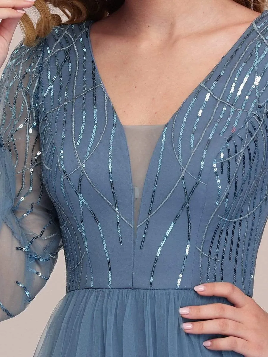 Sequin Bodice Sheer Long Sleeves Maxi Evening Dress