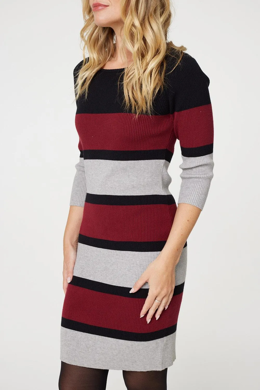 Striped 3/4 Sleeve Knit Bodycon Short Dress