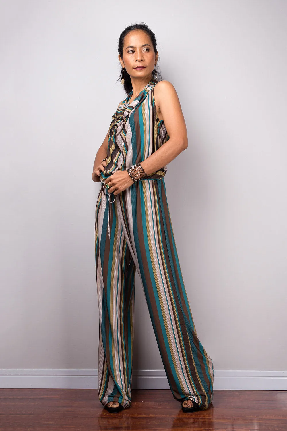 Striped Jumpsuit | Halter top with cowl neck jumper