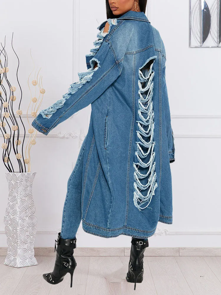 Toleet-Winter and Autumn Outfits Christmas/Thanksgiving_Distressed Charming Denim Coat