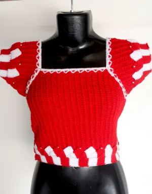 Unique Design Handmade Graminarts Red & White Wollen Blouse For Women