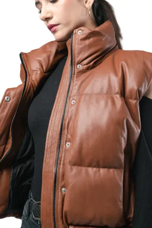 Women Sheep Leather Jacket Puffer Style Sleeveless Fashion Brown Jacket - ELF36