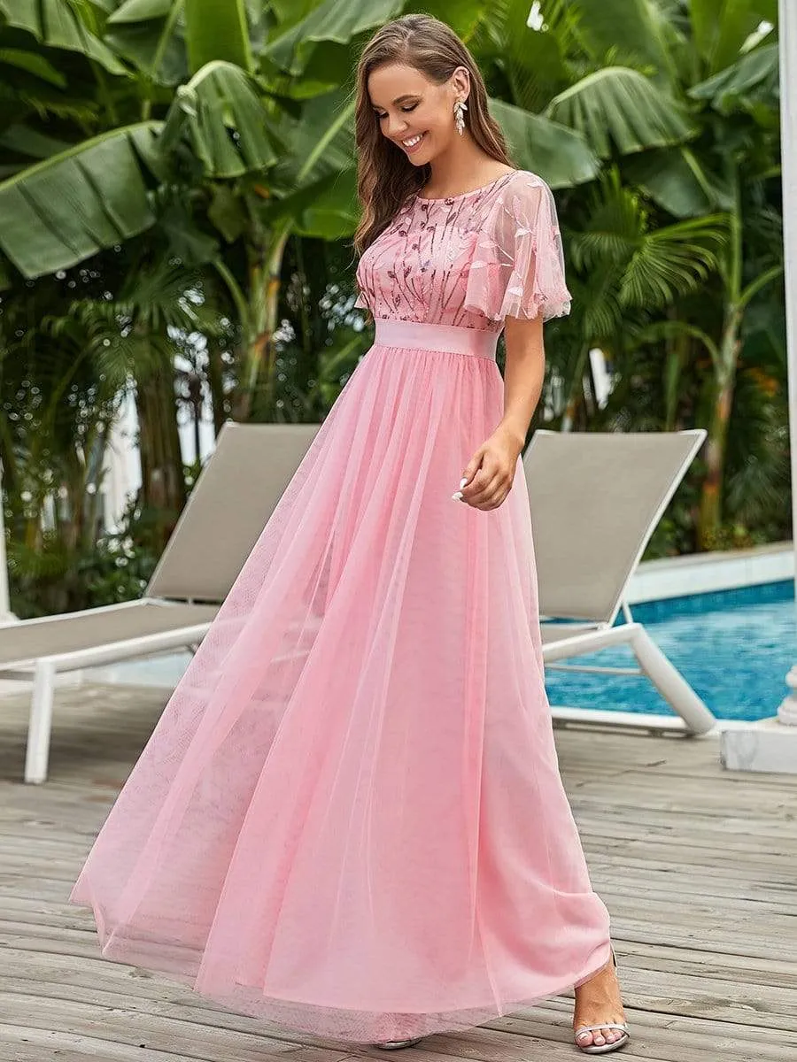 Women's A-Line Short Sleeve Embroidery Floor Length Evening Dresses