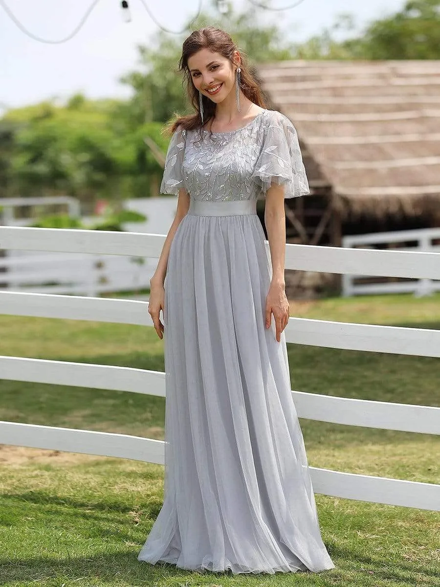 Women's A-Line Short Sleeve Embroidery Floor Length Evening Dresses