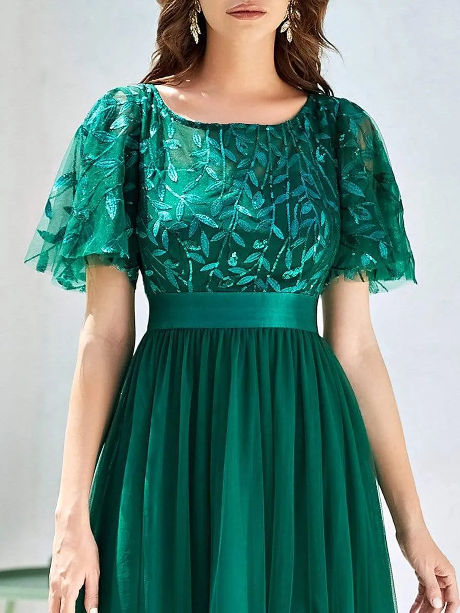 Women's A-Line Short Sleeve Embroidery Floor Length Evening Dresses