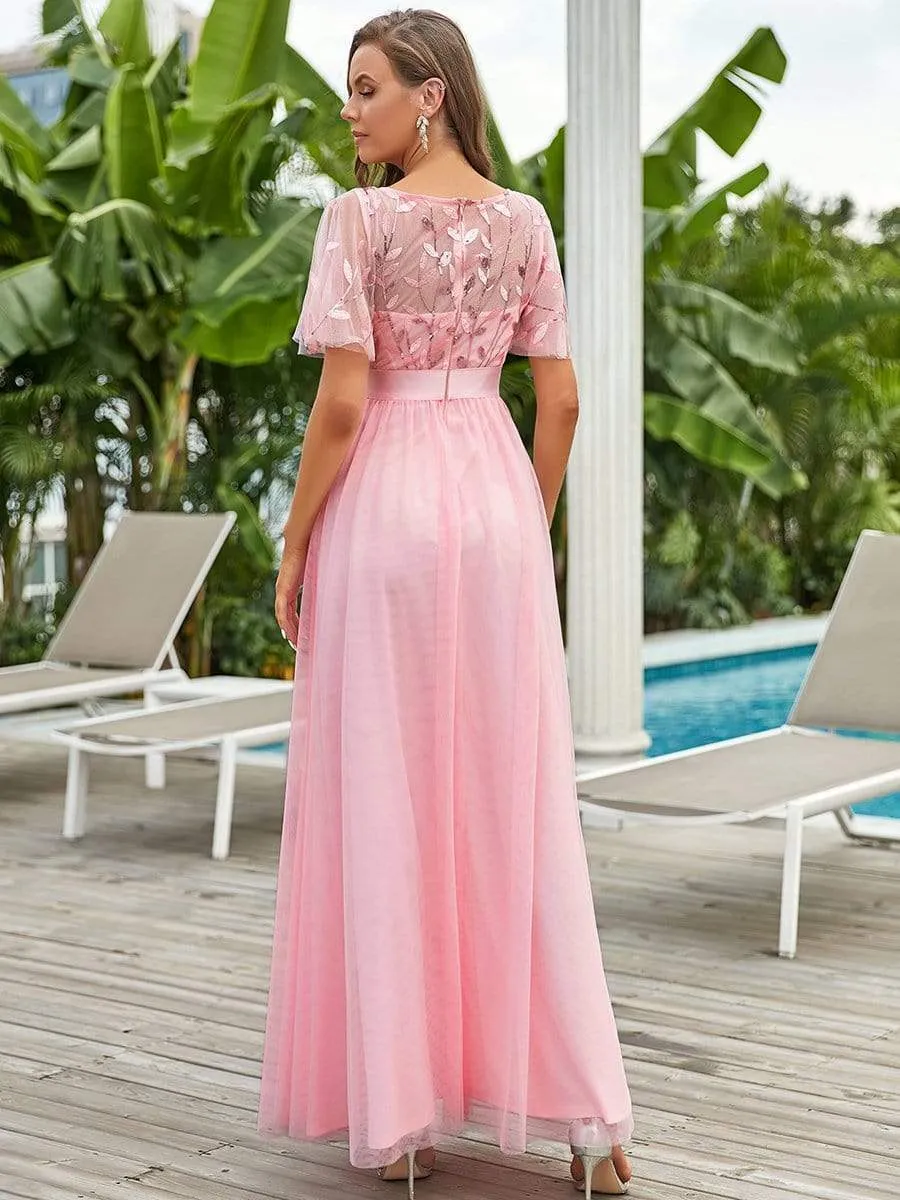 Women's A-Line Short Sleeve Embroidery Floor Length Evening Dresses