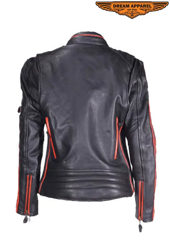 Women's Leather Racer Jacket With Double Orange Stripes Down Sleeves