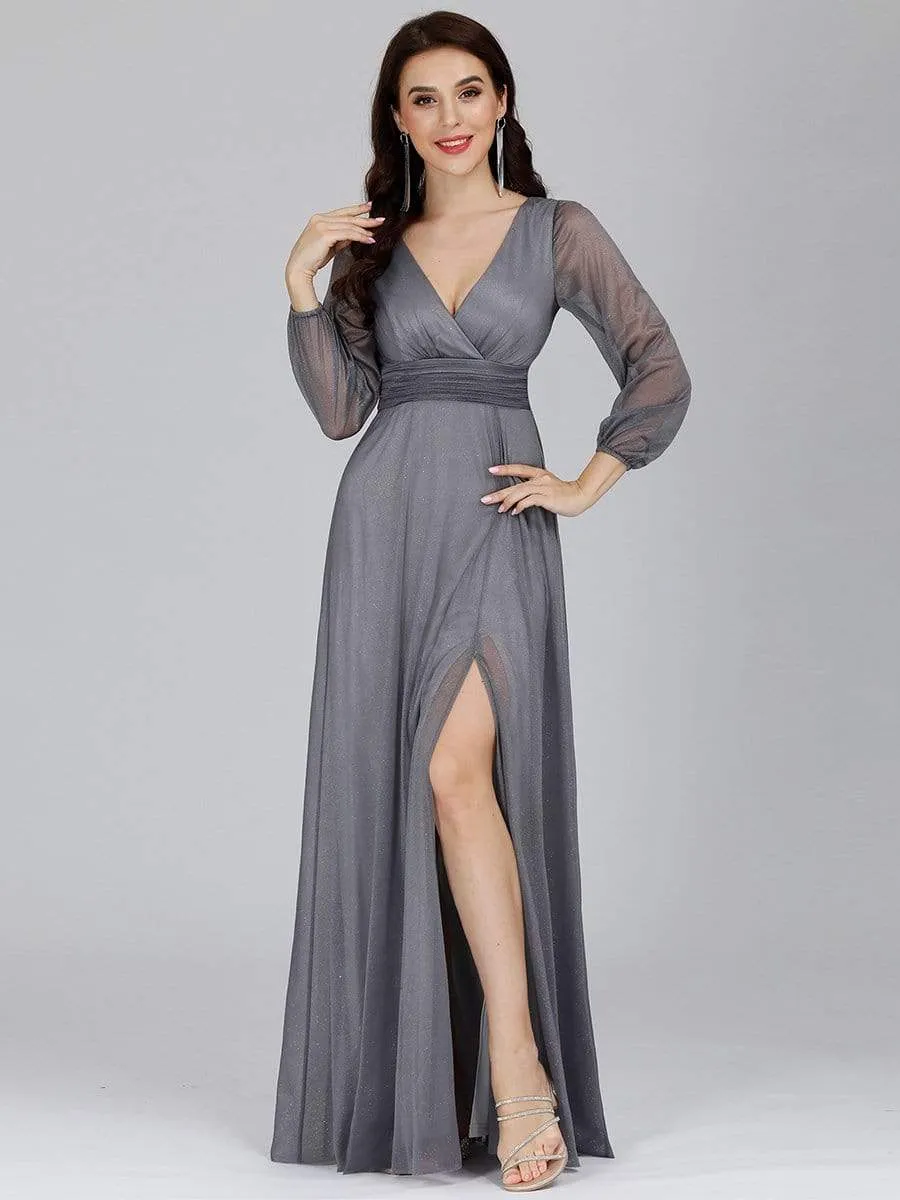 Women's Sexy Long Sleeve V-Neck Shiny Evening Dress