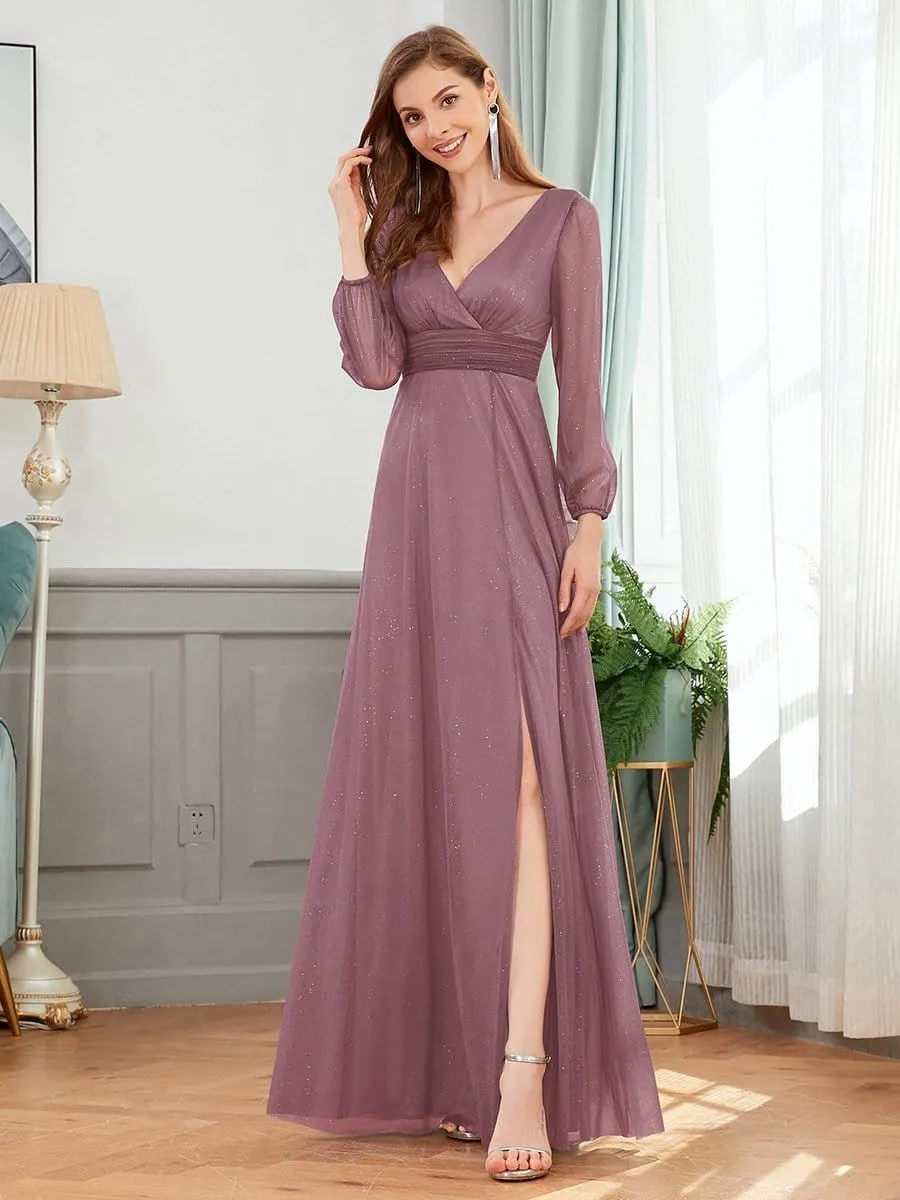 Women's Sexy Long Sleeve V-Neck Shiny Evening Dress