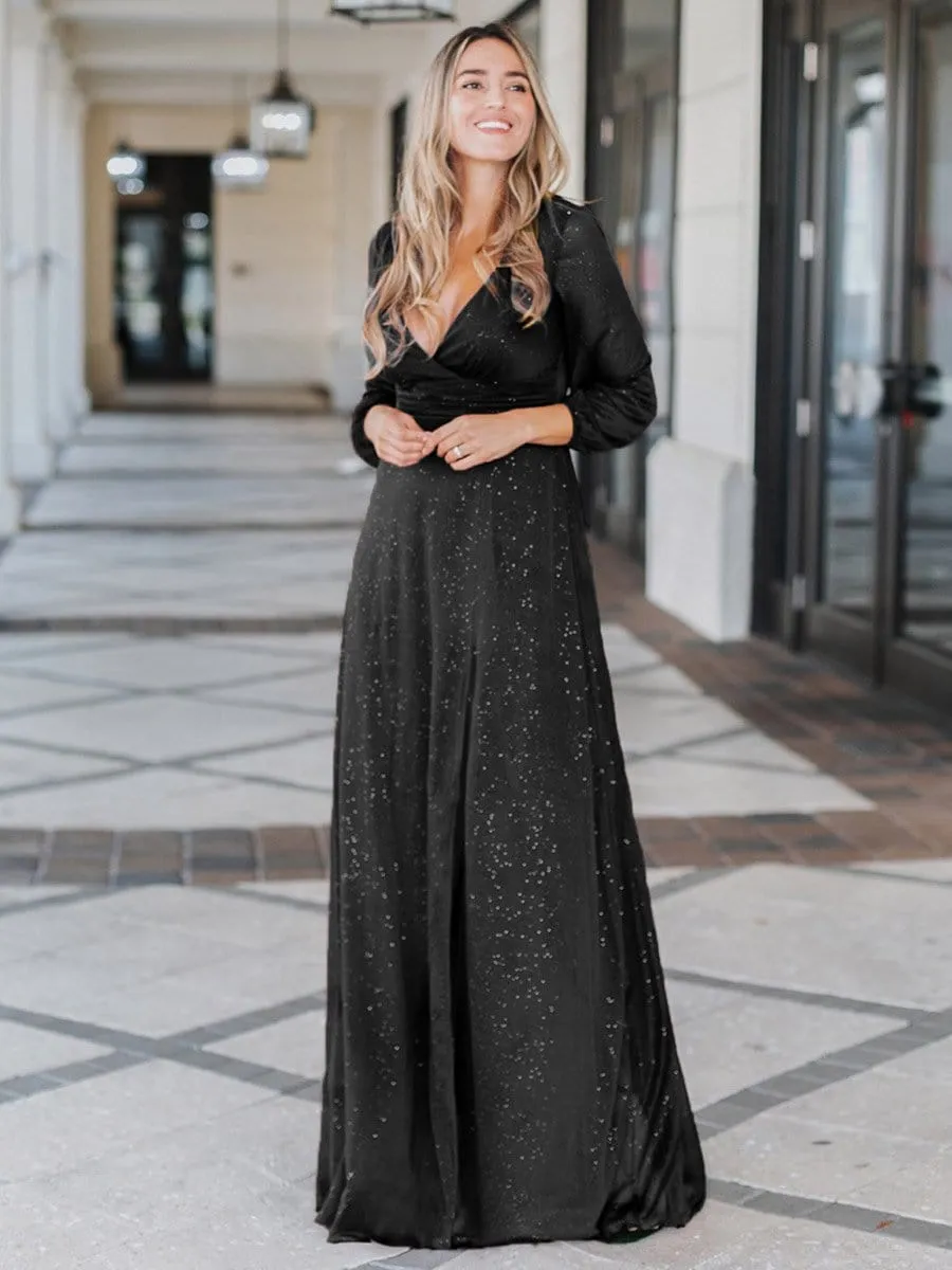 Women's Sexy Long Sleeve V-Neck Shiny Evening Dress